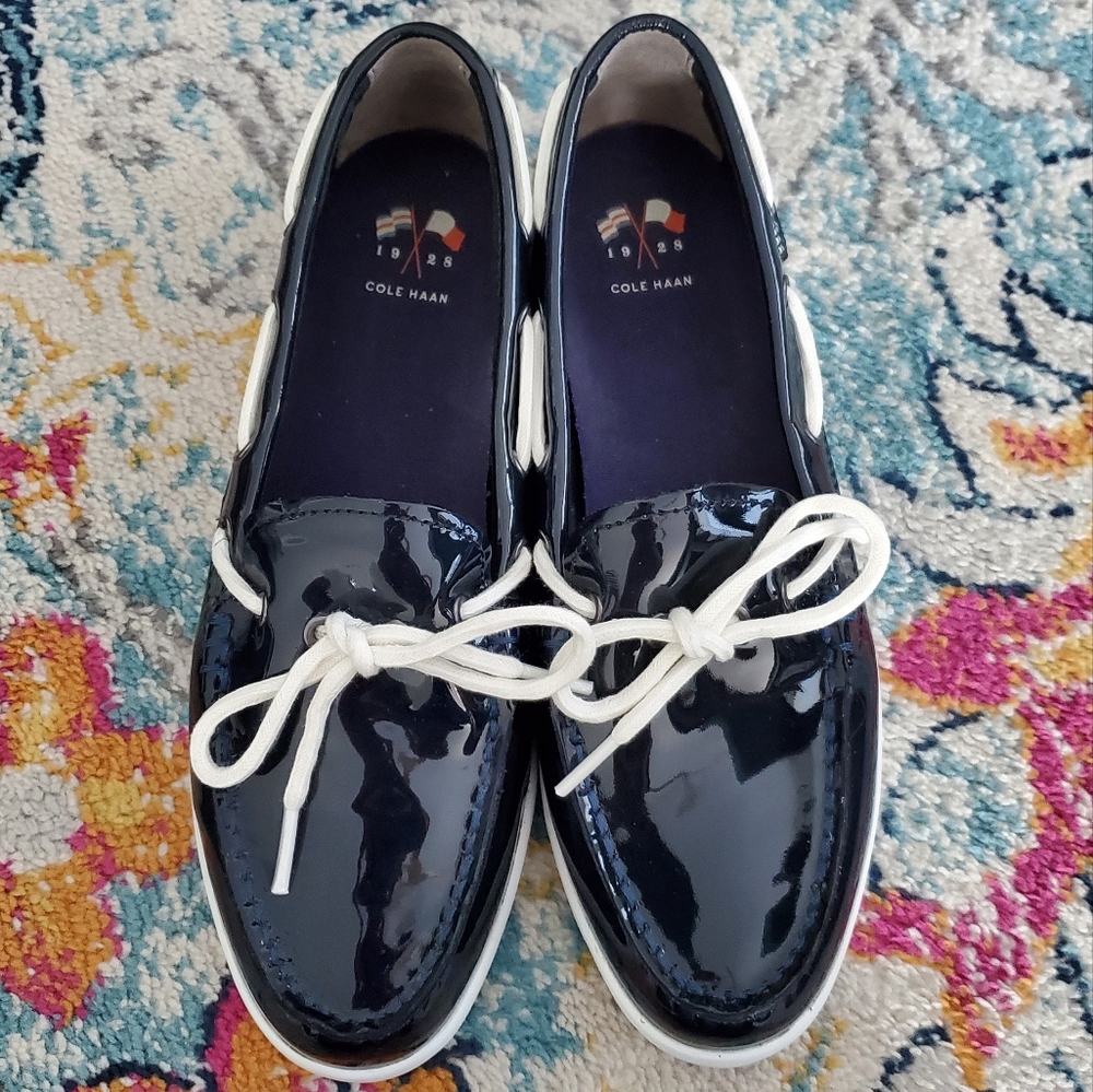Cole Haan Nantucket Navy Blue Patent Boat Shoes Slip-on Loafers Size 9